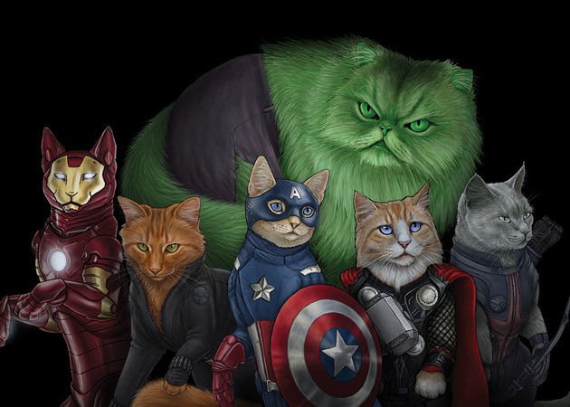 [image description: cat versions of Iron Man, Black Widow, Captain America, Thor, Hawkeye, and the Hulk]
