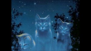 [image description: see-through blue silhouettes of three cats float in the starry night sky in-between trees shrouded in darkness]