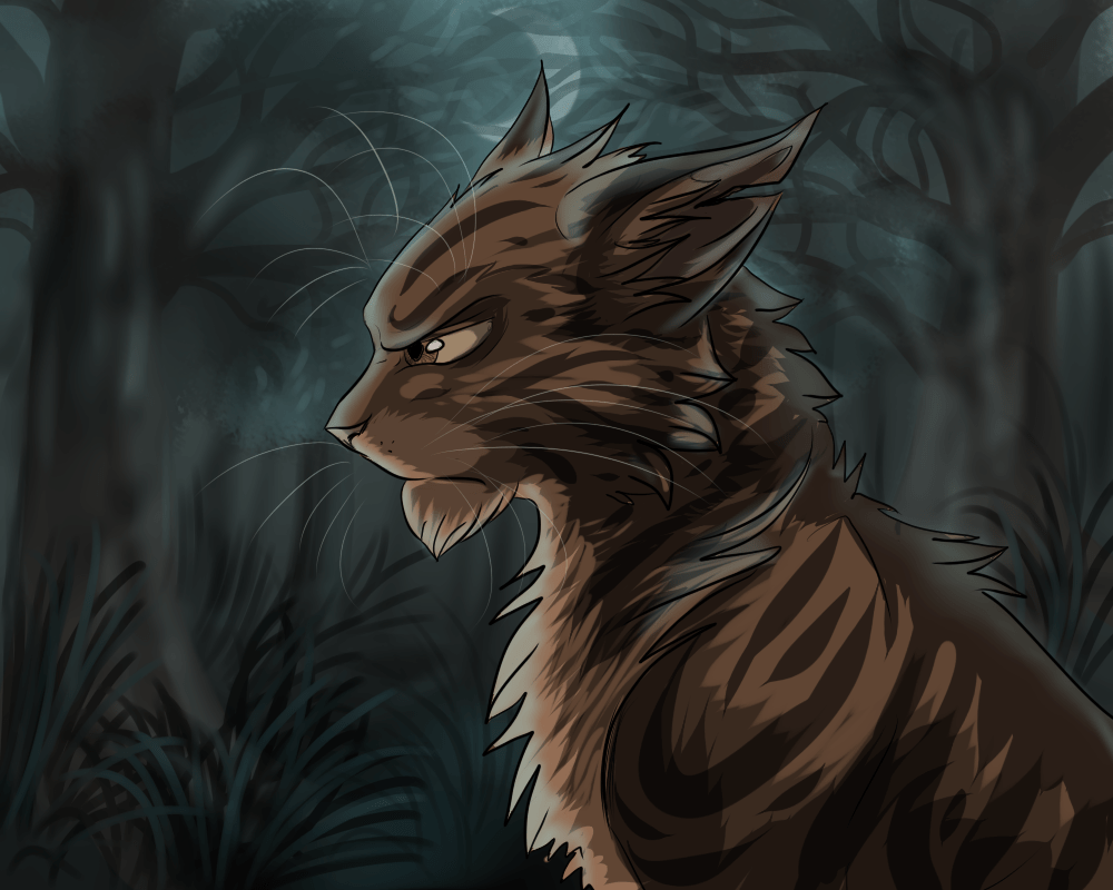 [a profile drawing of Tigerstar glaring in a dark forest]