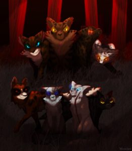 [various Dark Forest cats stare out menacingly from the forest's shadows]