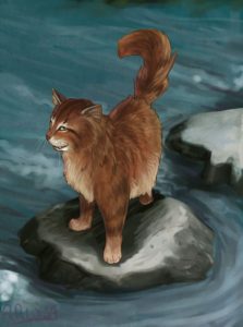 [in a painted artstyle, Crookedstar stands on one of the Stepping Stones with his tail raised]