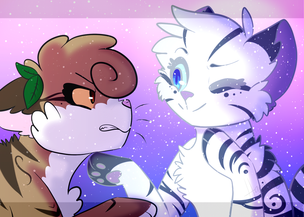[a starry Feathertail winks at an angry Leafpool]