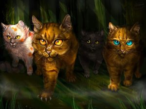 [Tigerstar leads Darkstripe, Hawkfrost, and Mapleshade out of a shadowy forest]
