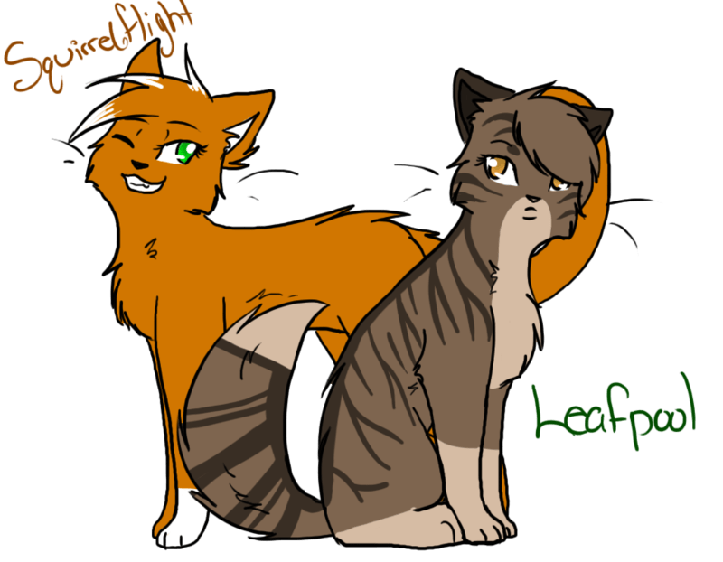 [stylized designs of Squirrelflight and Leafpool, the former cheerfully winking behind the latter]