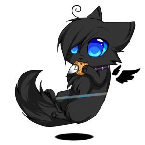 [image description: a chibi black cat with a white paw, blue eyes, and a toothed collar eats a cookie]