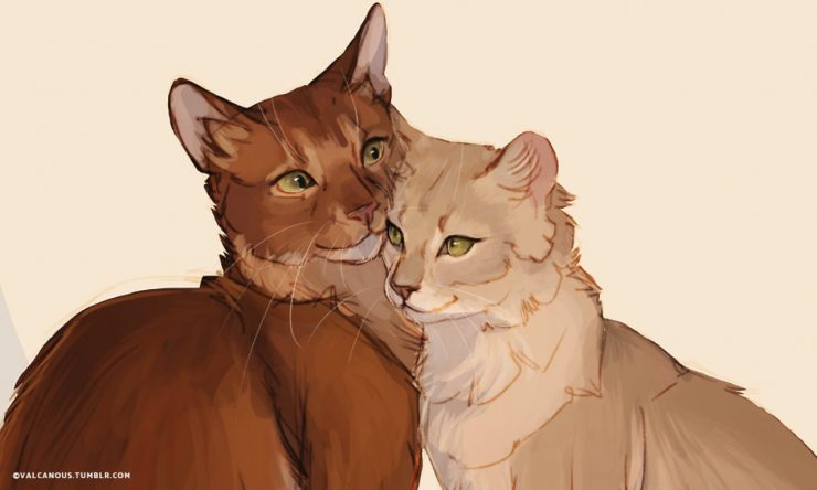 [done in a realistic art style, Sandstorm and Firestar nuzzle each other]