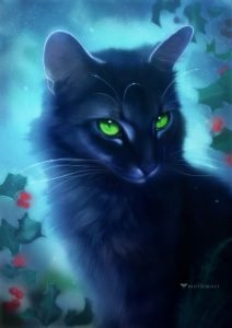 [image description: a black cat with green eyes is lit by blue light and surrounded by holly berries]