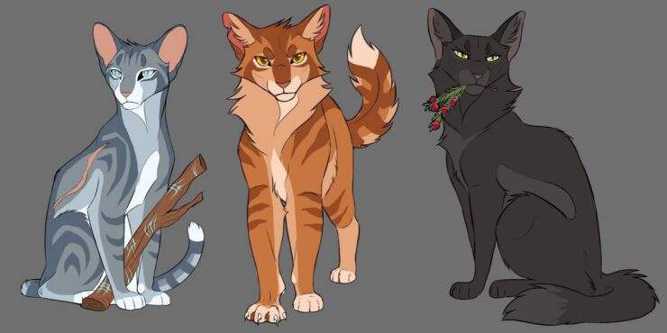 [image description: Jayfeather sits with the stick, Lionblaze unsheathes claws on one paw, and Hollyleaf sits with a sprig of holly]