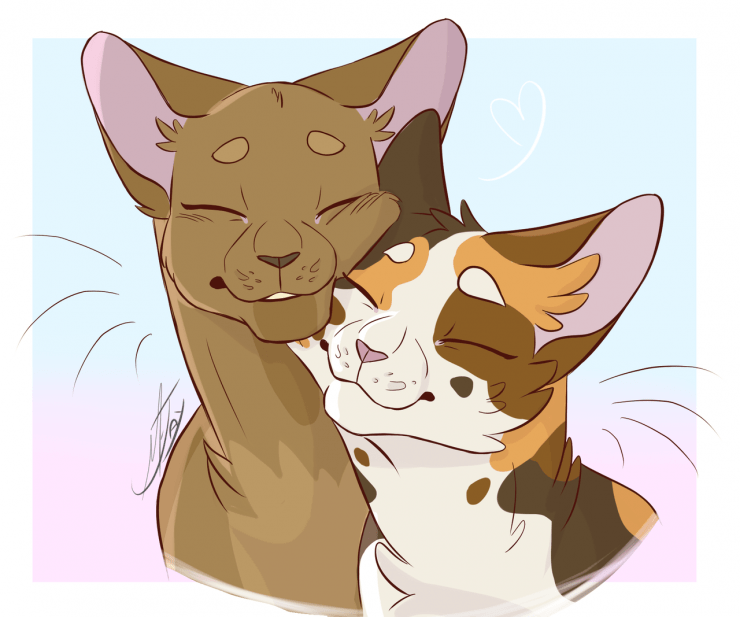[a headshot of Sorreltail and Brackenfur nuzzling each other lovingly]