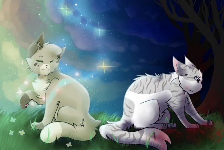 [Dovewing sits in a bright grassy field while Ivypool sits in a shadowy forest with bloodstained paws]