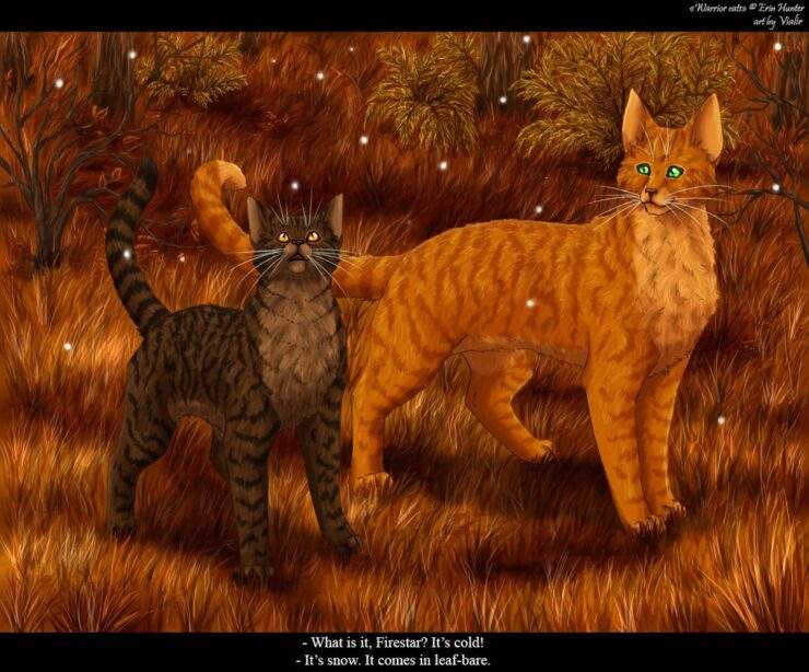 [image description: a brown tabby cat with yellow eyes looks up curiously at falling snowflakes while an orange tabby cat with green eyes watches in amusement. they stand on orange grass and are surrounded by autumn foliage. "- What is it, Firestar? It's cold! - It's snow. It comes in leaf-bare." is printed on a black border at the bottom. "« Warrior cats» © Erin Hunter" and "art by Vialir" is written on a black border in the top right corner]