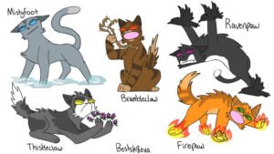 [image description: mistyfoot, thistleclaw, brambleclaw, firepaw, and ravenpaw are depicted with literal representations of their names]
