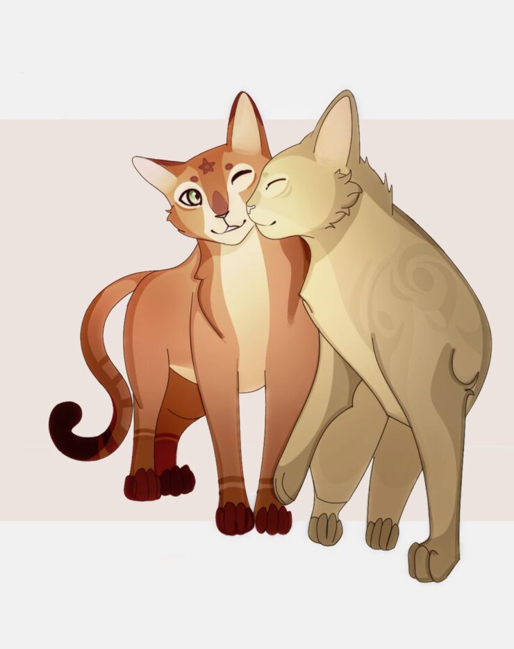 [image description:an orange cat with green eyes faces the viewer while a light yellow-brown cat nuzzles their cheek]