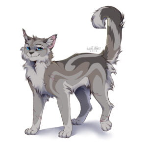 [image description: a light grey cat with pelt swirls, blue eyes, and an injured hind leg]