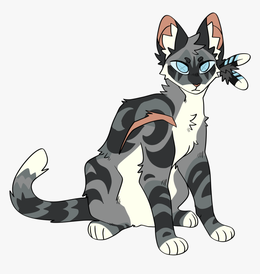 [image description: a grey-and-white tabby cat with light blue eyes, a scar, and a feather accessory]
