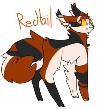 [a stylistic full-body design of Redtail looking over his shoulder]