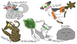 [Featherwhisker, Adderfang, Turtletail, Hazeltail, and Boulder with literal depictions of their names]
