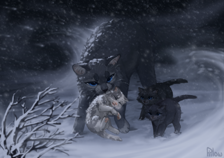 [Bluestar carries Mosskit through the snow with Stonekit and Mistykit at her side]