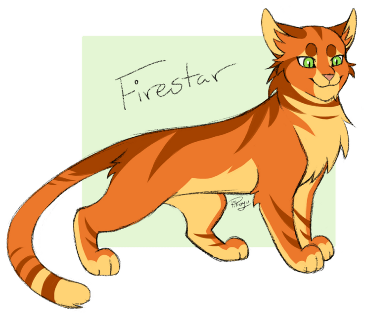 [image description: an orange cat with green eyes stands confidently. the cat has a light orange underbelly, chest, and muzzle, and has darker markings on its back. "Firestar" is written beside the cat and "Pikayu" is signed below its belly on a green rectangle in the background]