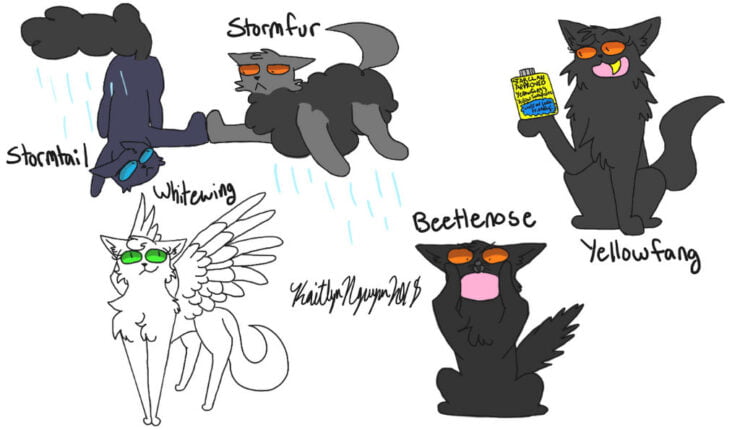 [Stormtail, Stormfur, Whitewing, Yellowfang, and Beetlenose with literal depictions of their names]