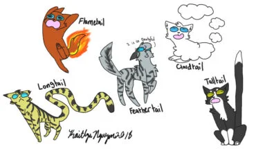 [Flametail, Longtail, Feathertail, Cloudtail, and Talltail with literal depictions of their names]
