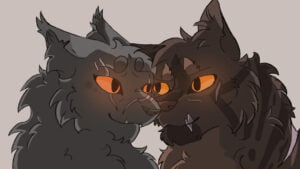 [image description: a fluffy grey cat with orange eyes and several scars looks at a brown tabby cat with orange eyes fondly]
