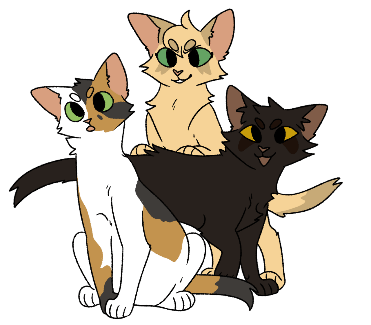 [Patchkit, Larchkit, and Petalkit sit together and tumble over each other]