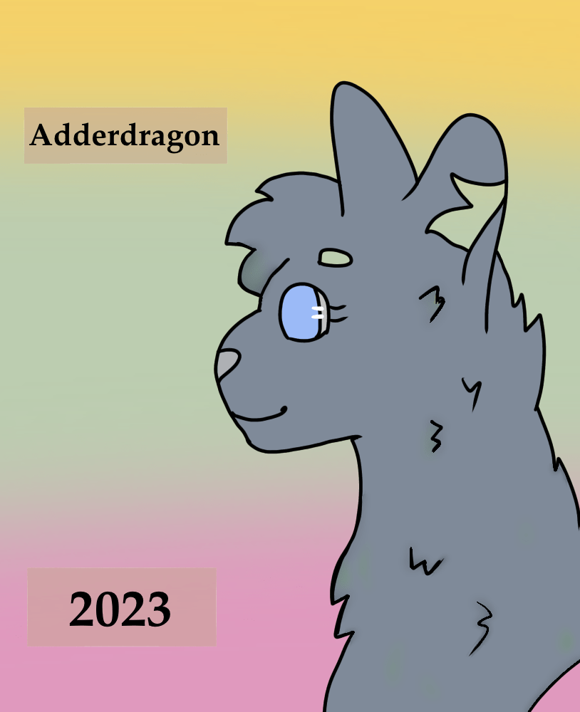 Adderdragon drawn by Mintflower. Side-profile of blue-grey cat with blue eyes. Background is a gradient of yellow, green, and pink.