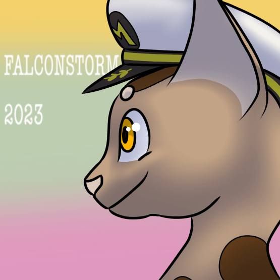 Falconstorm drawn by Eggsnake. Side-profile of a light brown cat with dark brown patches and amber eyes, wearing Super Mario hat. Background is a gradient of yellow, green, and pink.