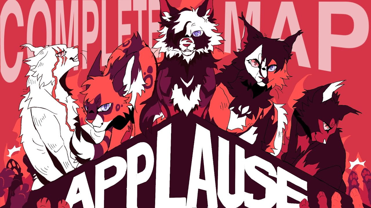 [Ashfur, Breezepelt, Hawkfrost, Mapleshade, and Snowtuft in a red monochromatic colour palette. "Complete Map" is written in the background and "Applause" is written on the platform the cats are standing on]