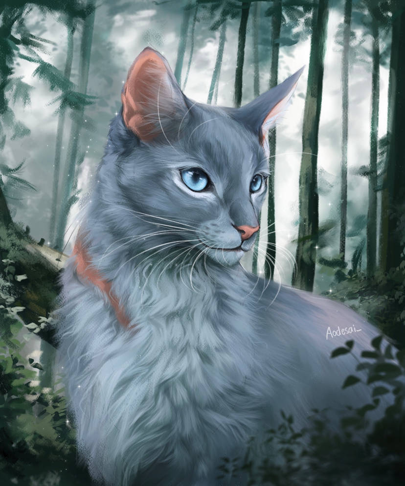 [a painted bust portrait of Bluestar in the forest]