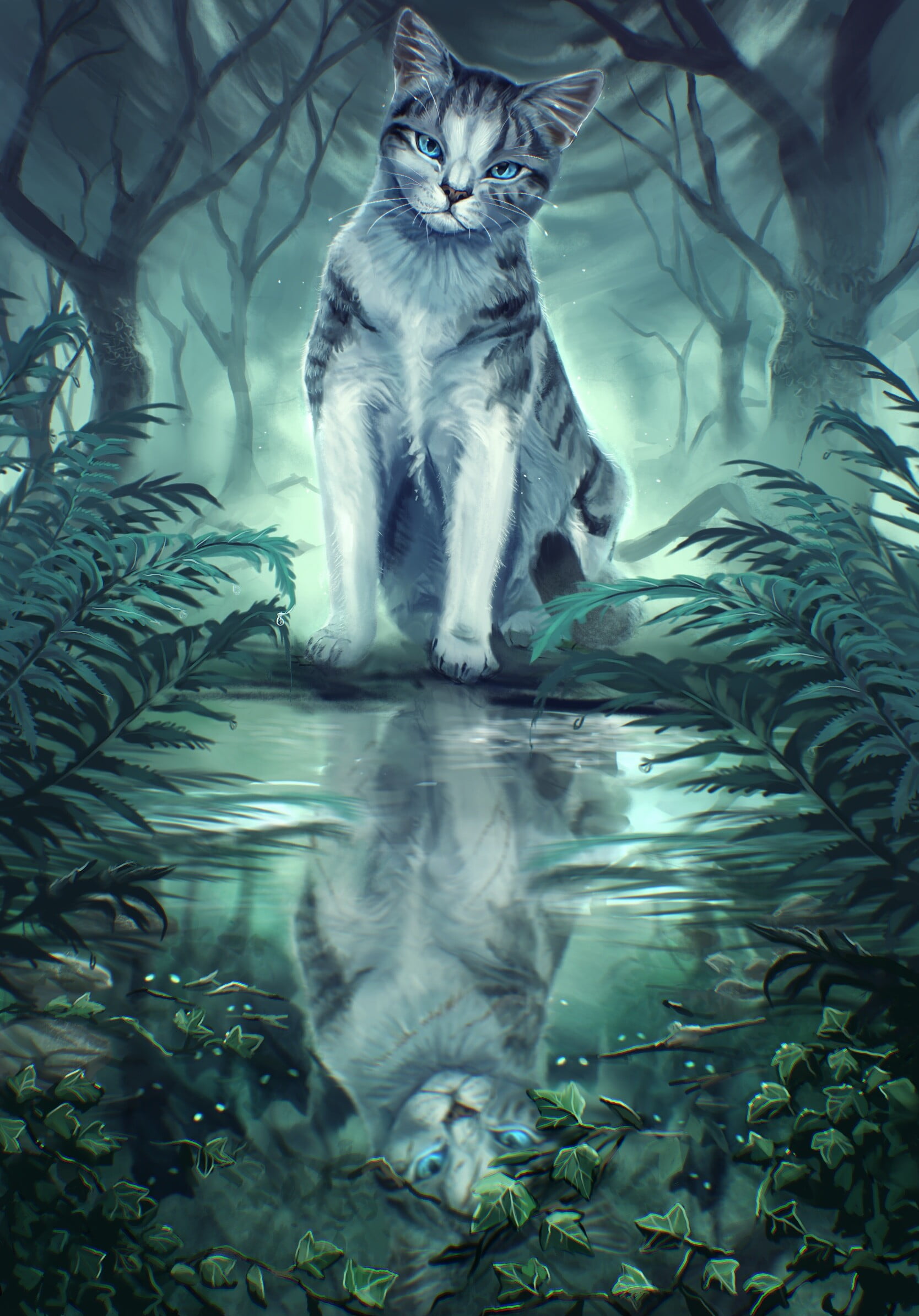 [Ivypool sits in front of a pool of water in the forest. Her reflection has scars and shadowy cats around her]