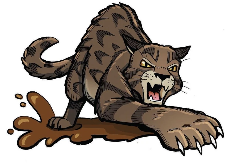 [in the graphic novel art style, Mudclaw strikes an unsheathed paw forward in the mud with a snarl]