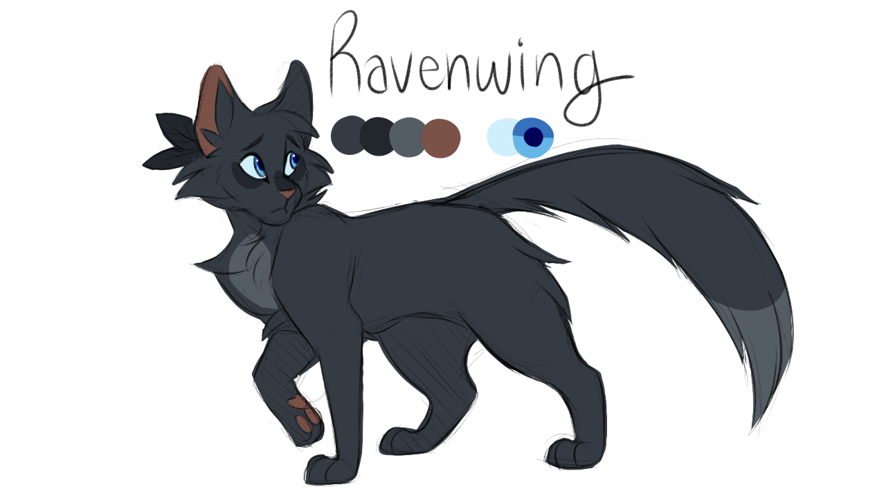 [a full-body design of Ravenwing uneasily looking over her shoulder alongside her colour palette]